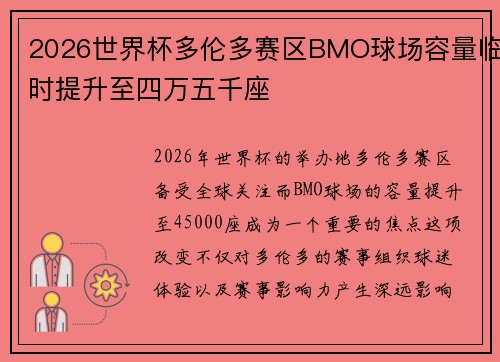 2026世界杯多伦多赛区BMO球场容量临时提升至四万五千座
