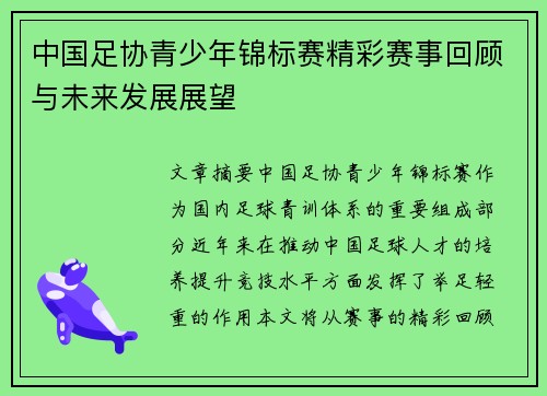 中国足协青少年锦标赛精彩赛事回顾与未来发展展望