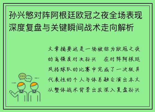 孙兴慜对阵阿根廷欧冠之夜全场表现深度复盘与关键瞬间战术走向解析 孙兴慜对阵阿根廷欧冠之夜全场表现深度复盘与关键瞬间战术走向解析