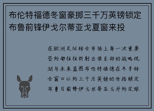 布伦特福德冬窗豪掷三千万英镑锁定布鲁前锋伊戈尔蒂亚戈夏窗来投