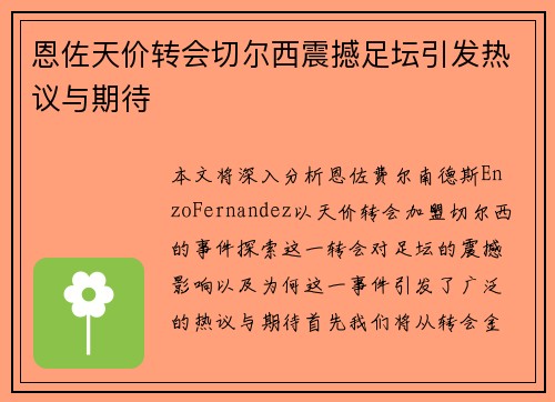 恩佐天价转会切尔西震撼足坛引发热议与期待
